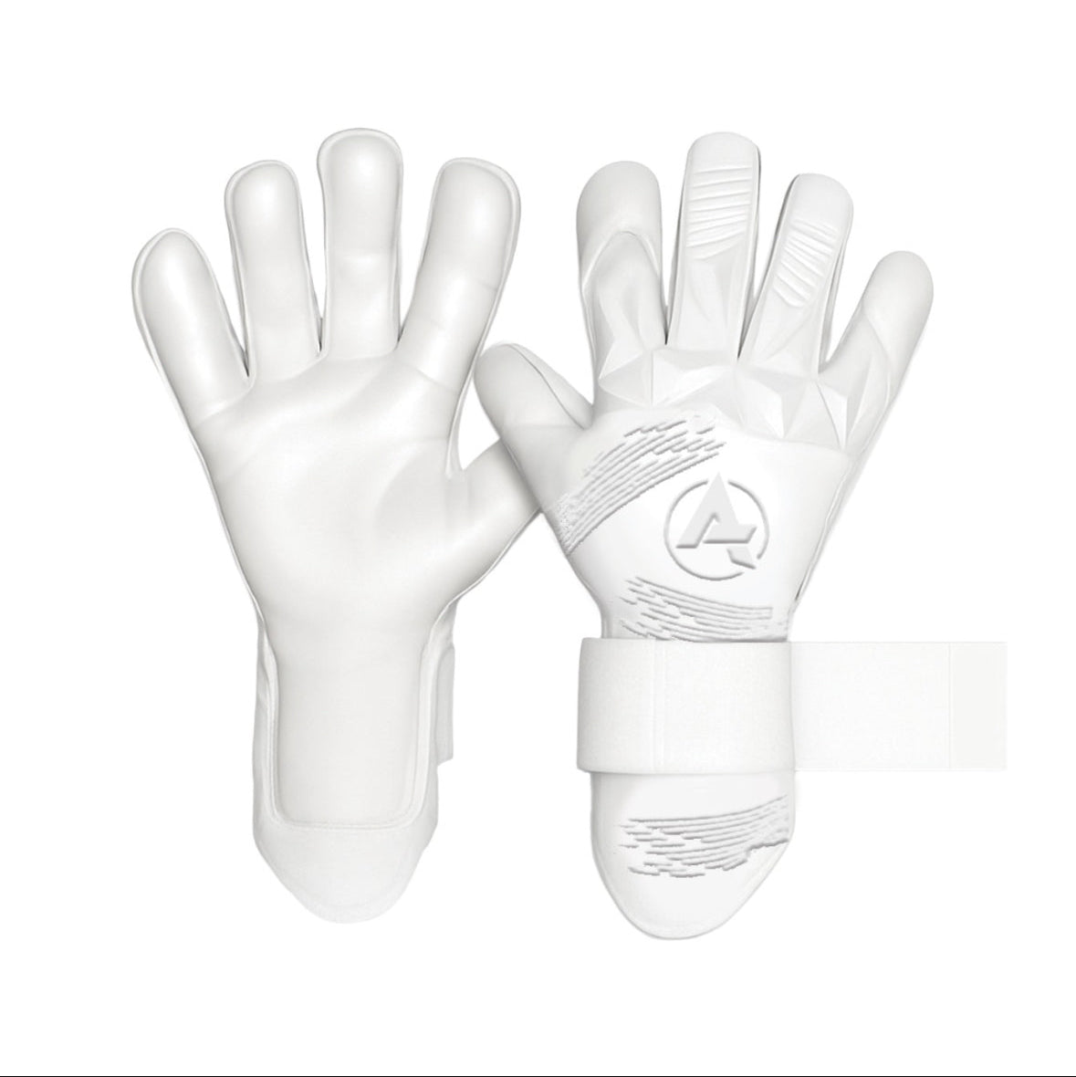 Pair of white gloves with a logo on a white background
